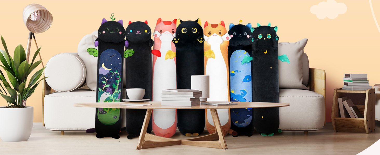 Mewaii Long Cat Plush Kawaii Body Pillow Cute Black Cat Stuffed Animals Soft Plushies